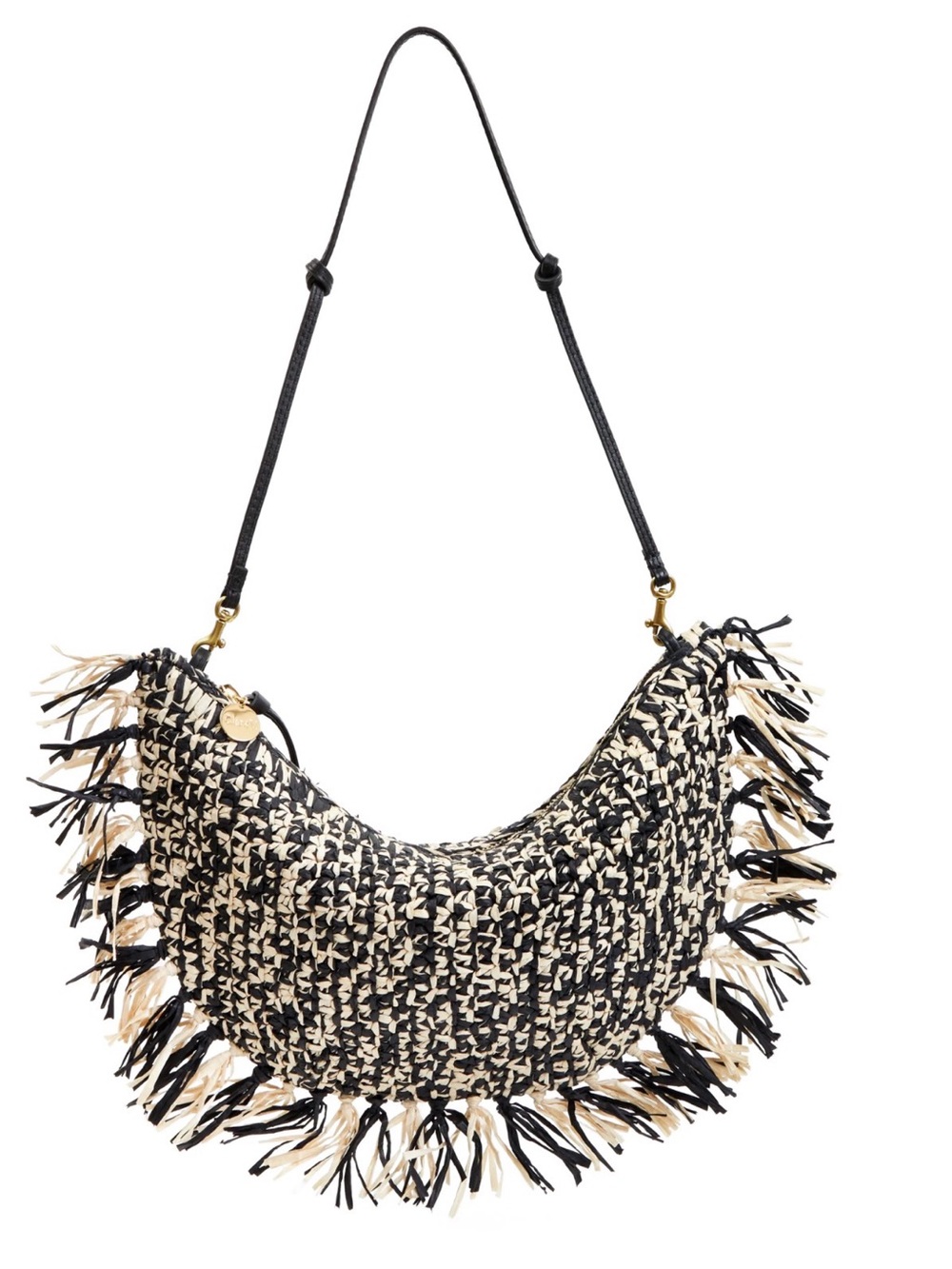 NWT Clare V. Lune Fringed Raffia Shoulder Bag in Cream & Black